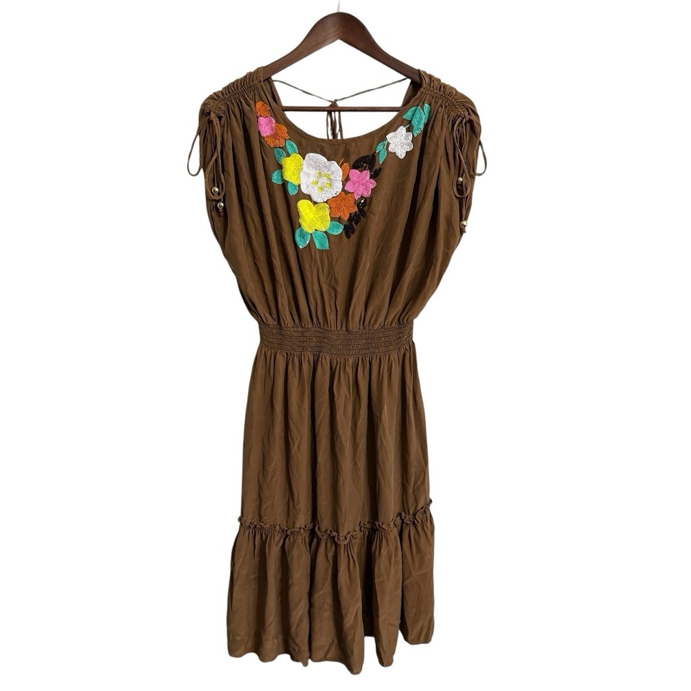 Milly of NY silk dress women's 6 brown floral sequins tiered ruffle boho cottage